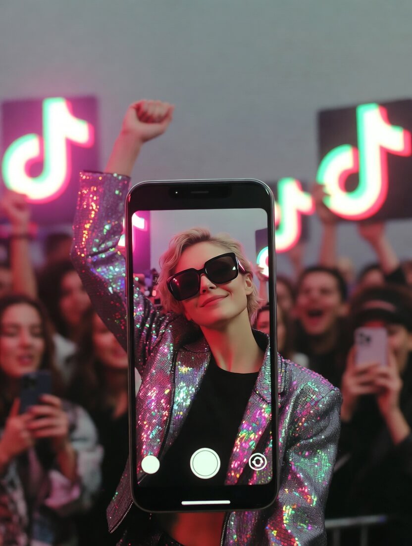 a celebrity in oversized sunglasses mid-lip-sync with dramatic flair, a smartphone screen exploding with viral dance notifications,