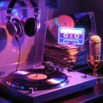 New Music Releases You Can’t Miss This Week a half-melted cassette tape leaking neon pink liquid onto a spinning black vinyl record, wireless earbuds floating