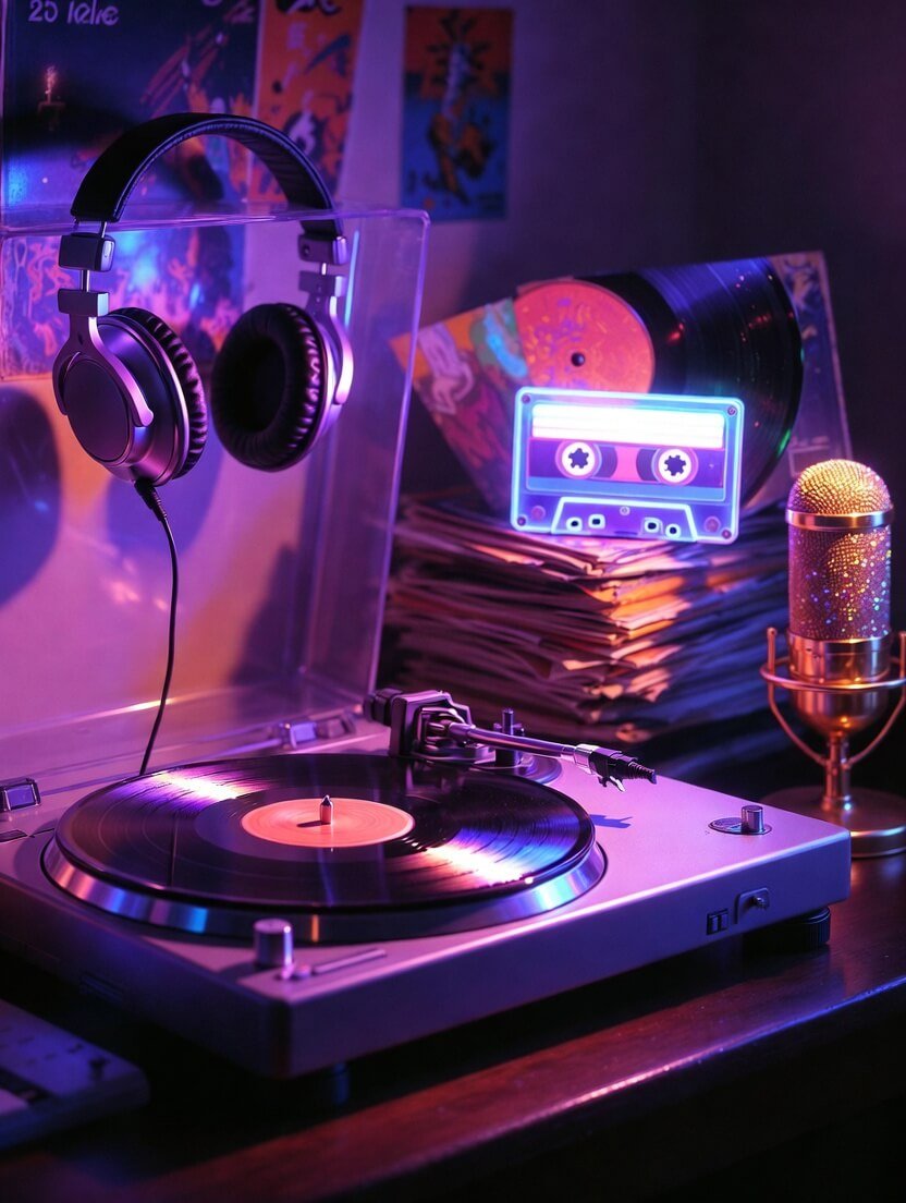 a half-melted cassette tape leaking neon pink liquid onto a spinning black vinyl record, wireless earbuds floating