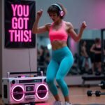 Best Workout Playlists for Every Mood a sweaty person in mismatched neon socks and an old college hoodie mid-squat while staring intensely at cracked phone screen blasting music,