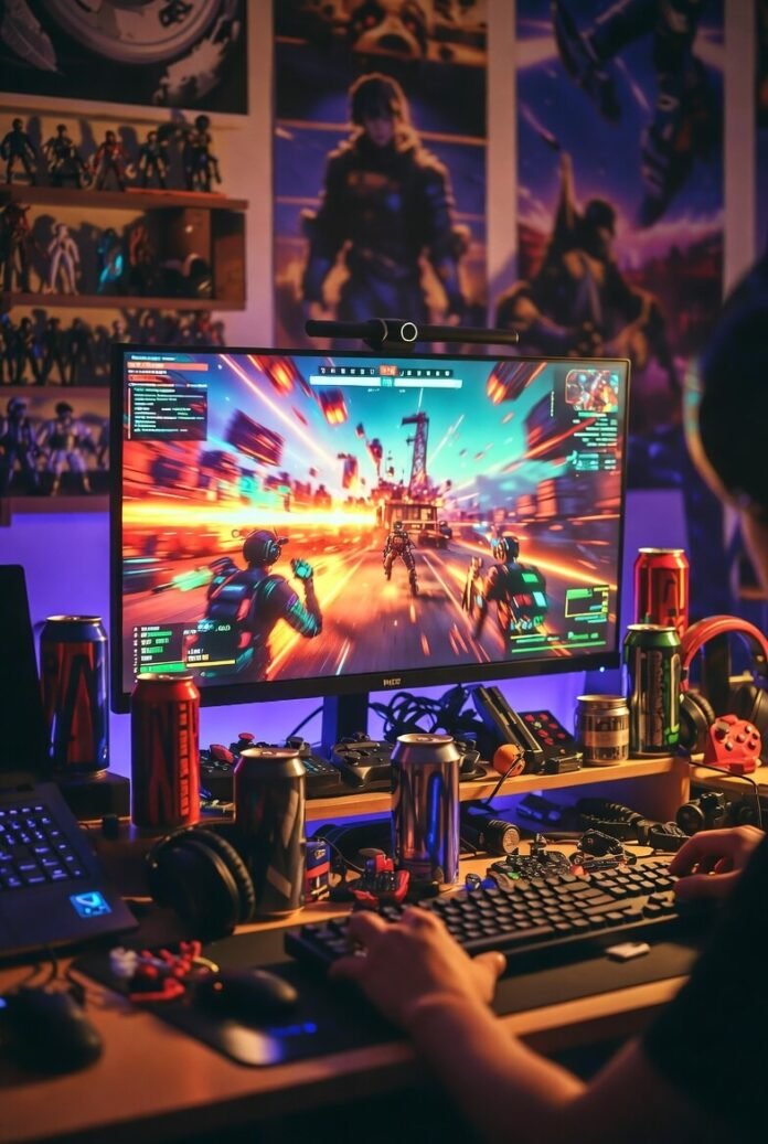 a glowing virtual joystick morphing into a crowd-surfing avatar horde, a shattered leaderboard spewing confetti pixels, a glowing virtual joystick morphing into a crowd-surfing avatar horde, a shattered leaderboard spewing confetti pixels,