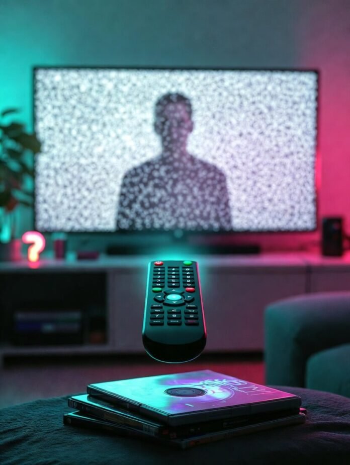 a levitating TV remote dripping neon syrup, a half-eaten bowl of ramen glowing faintly, and a shadowy silhouette a levitating TV remote dripping neon syrup, a half-eaten bowl of ramen glowing faintly, and a shadowy silhouette