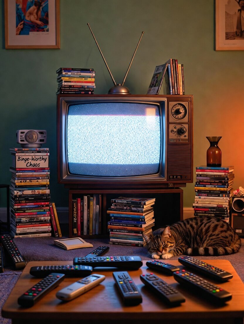 a half-eaten bowl of instant ramen glowing under blue TV light, three different remotes tangled in a nest of charging cables,