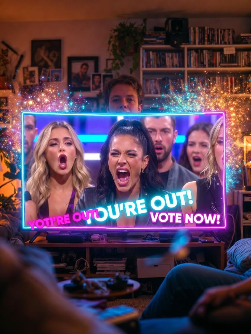 a giant cracked smartphone screen showing thousands of exploding notification bubbles, a half-eaten bowl of popcorn