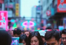 Most Shared Videos Across Social Media — Ranked! a viral cat video playing on a cracked smartphone screen held by a distracted person in a crowded American coffee shop,