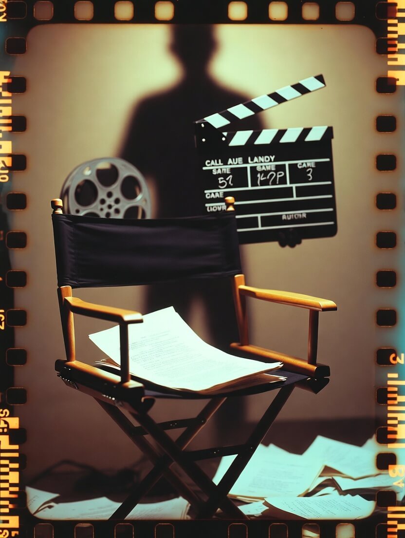 a crumpled call sheet stuck to a half-eaten craft-services donut, a clapperboard with coffee stains spelling out 