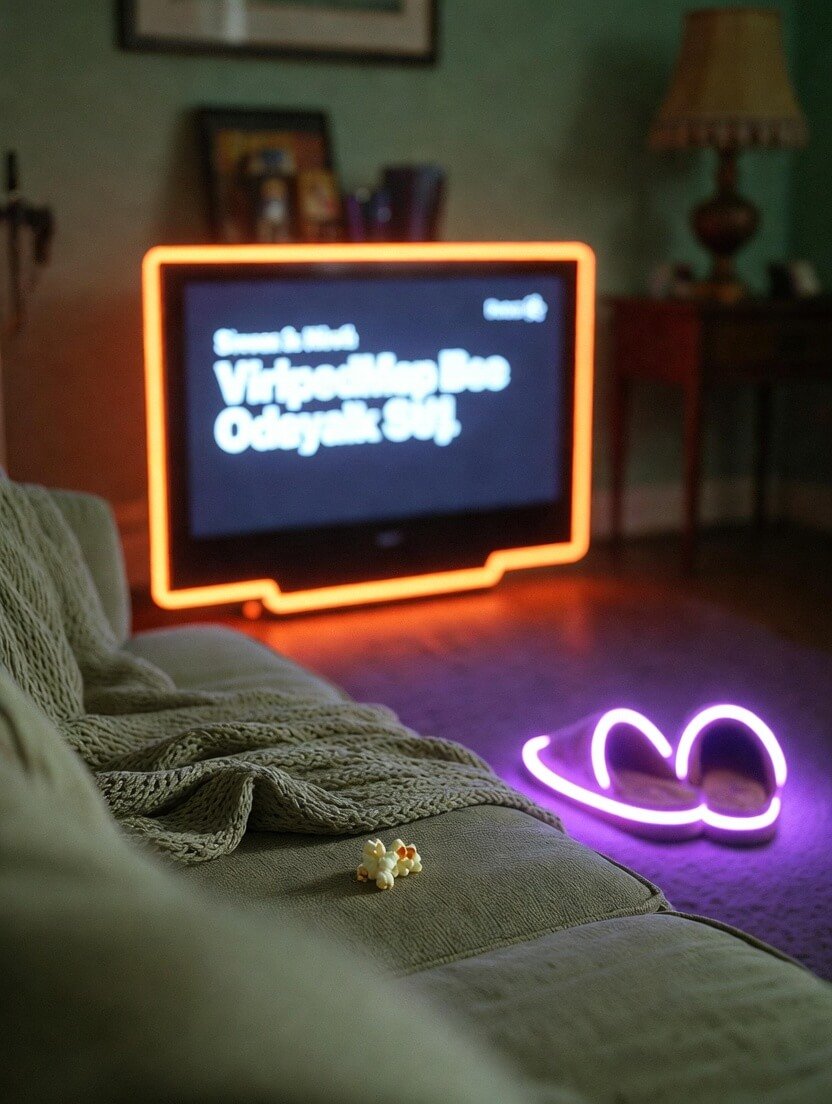 an old remote control half-buried under a mountain of empty takeout containers, a glowing Netflix/Hulu/Prime interface showing