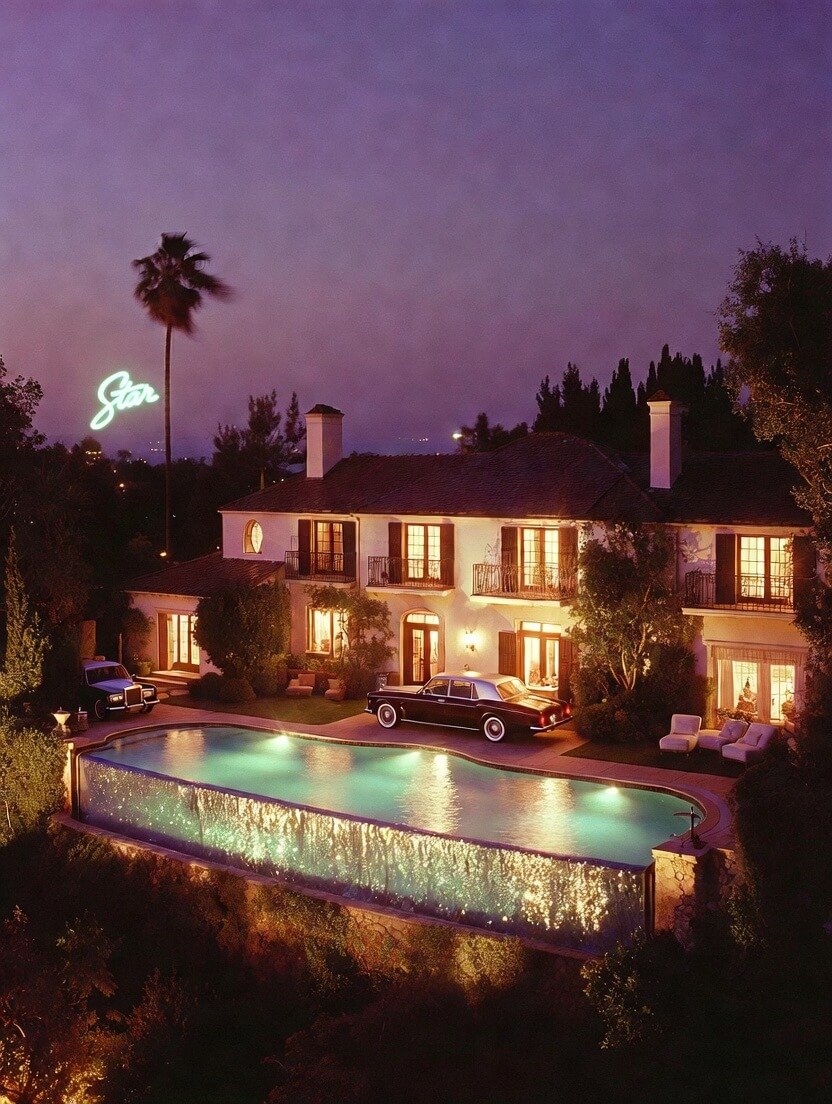 an opulent marble staircase with scattered designer heels, a massive crystal chandelier half-covered in party streamers,