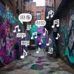 Rising Artists Everyone’s Talking About in 2026 a young artist mid-brushstroke using spray paint on a cracked Brooklyn alley wall, a half-finished holographic portrait floating above a turntable,