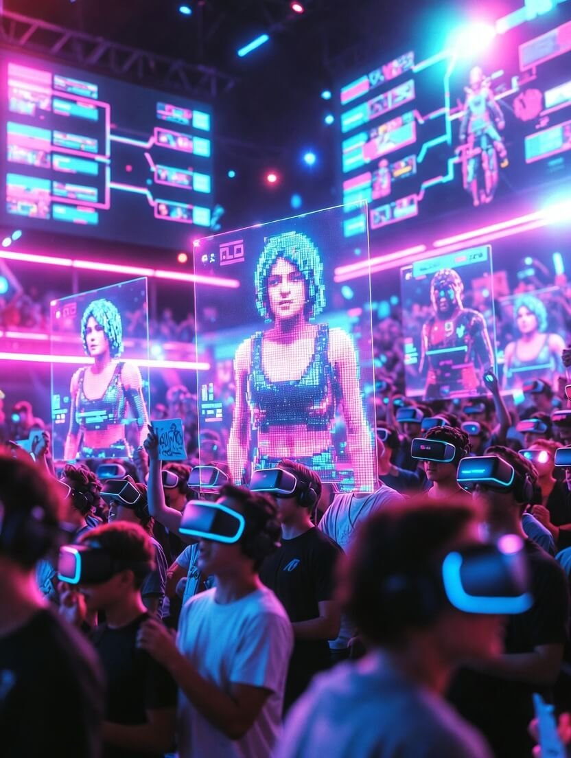 a neon-lit gaming arena with holographic scoreboards and a crowd wearing VR headsets.