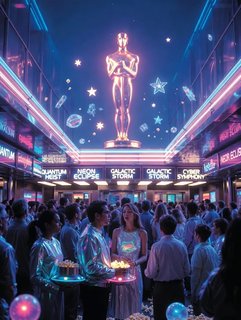 a massive glowing cinema marquee in the rain displaying 