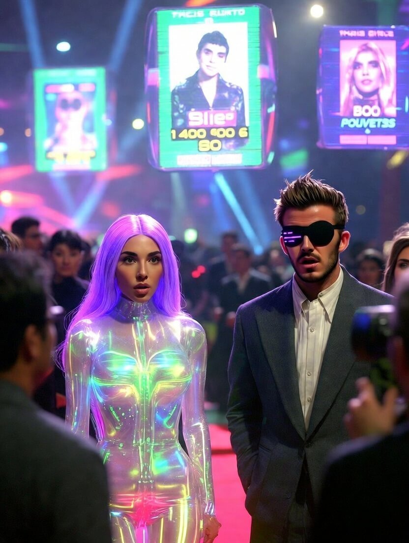 Kim Kardashian appearing as a floating semi-transparent hologram with glowing neon-purple hair extensions,