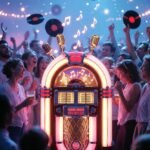 Top 50 Billboard Hits of 2025 (Ranked) a slightly cracked glowing jukebox spilling colorful neon light onto a rainy American diner window at 2 a.m.,