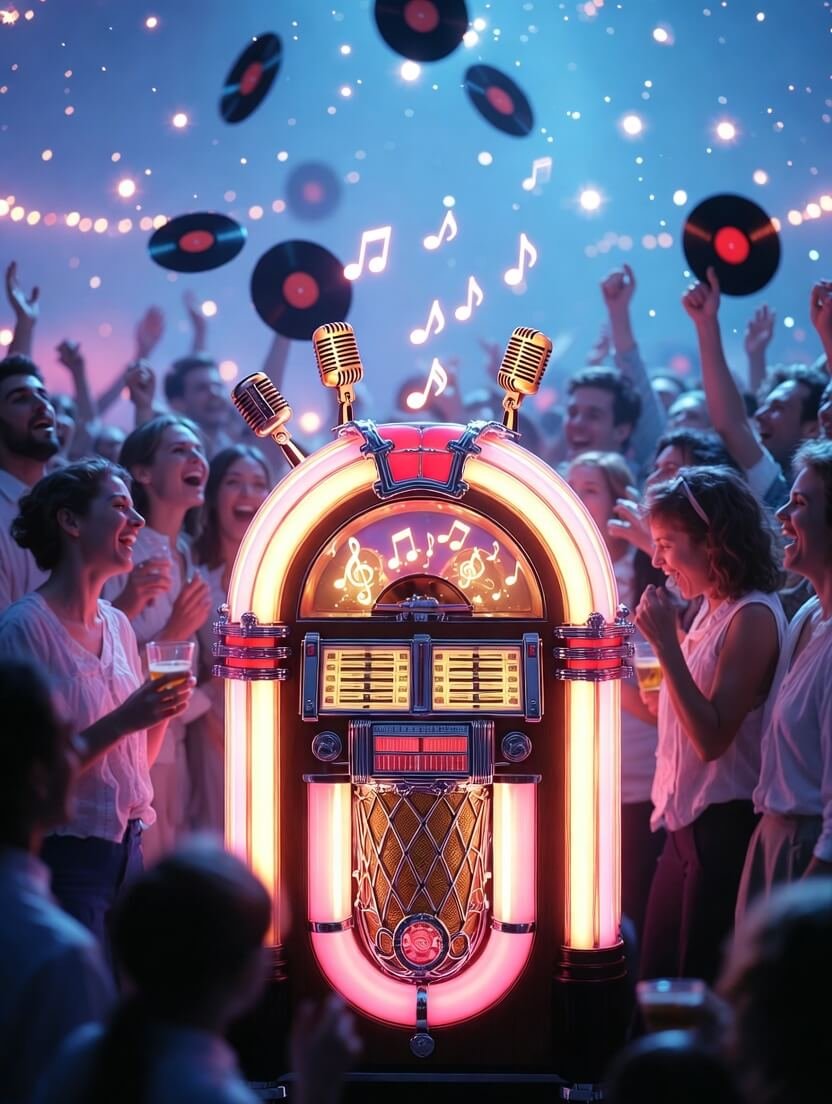 a slightly cracked glowing jukebox spilling colorful neon light onto a rainy American diner window at 2 a.m.,