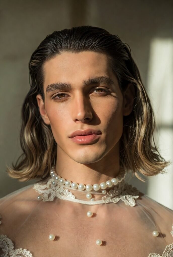 Man with long hair and embedded pearl choker
