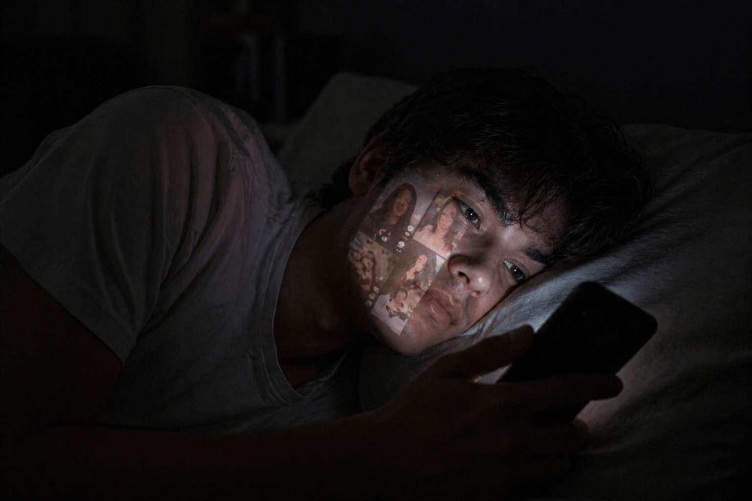 Person scrolling TikTok at night, tired face glow